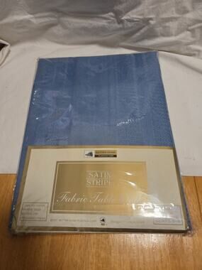 Vtg Better Home Satin Stripe Wrinkle Free Tablecloth Blue Oblong 60" X 84"